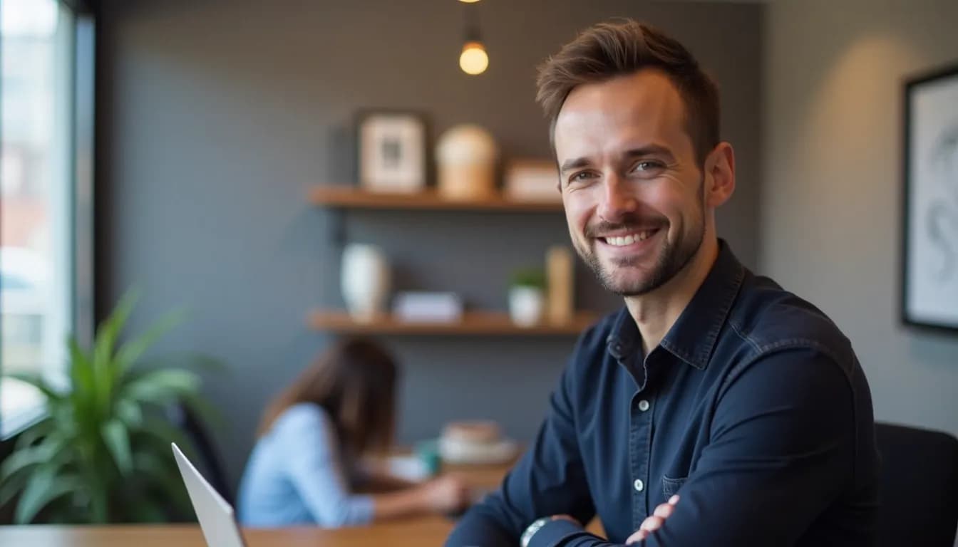 Man in button-down shirt smiling and making eye contact with the camera